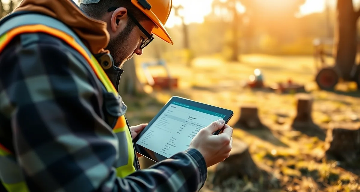 Tree service professional using field quoting software Arborist reviewing QuickBooks field service quotes on tablet with tree stumps visible in background
