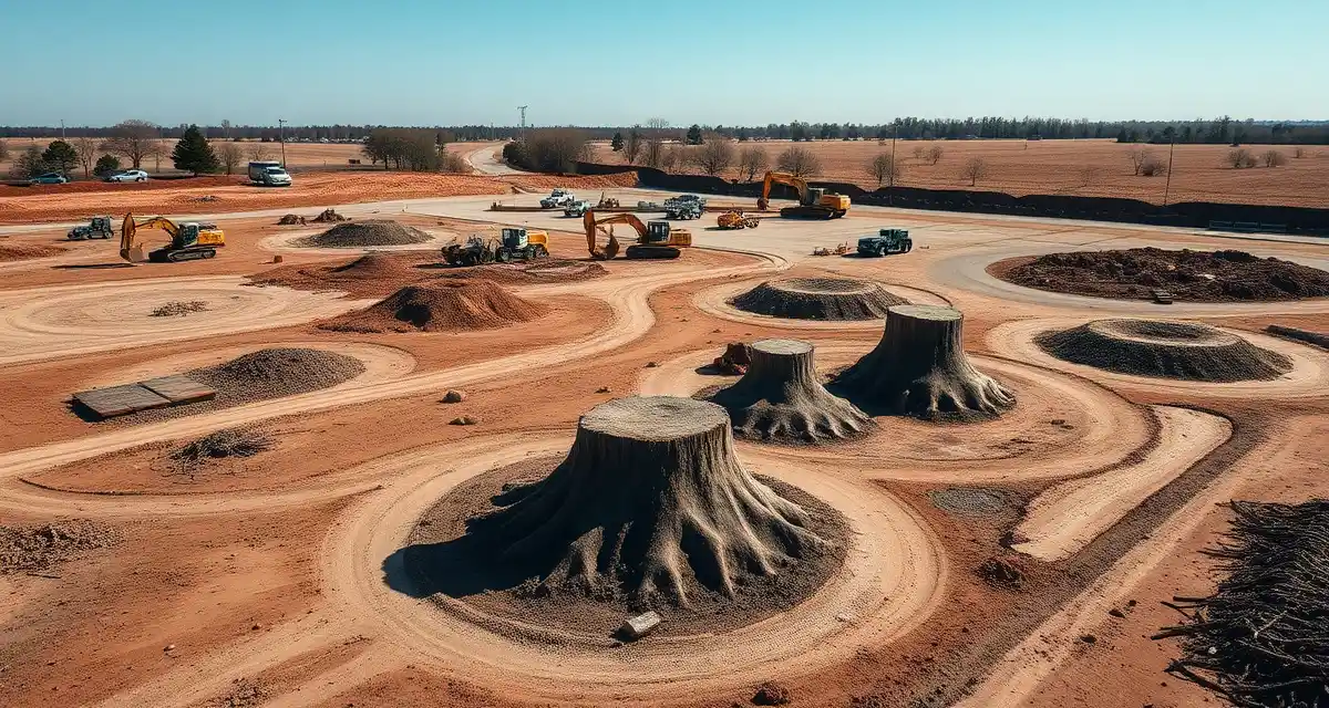 Service Autopilot lot clearing software limitations Lot clearing project with heavy equipment removing tree stumps and debris from residential property site.