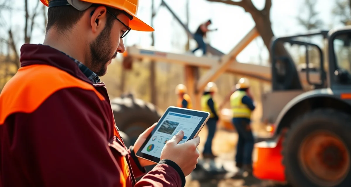Mobile app crew management for tree service businesses Tree service crew using Service Autopilot mobile app on tablet to manage field operations and job scheduling