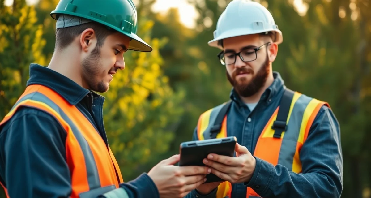 Mobile job management for tree service businesses Tree service crew using SingleOps mobile app on tablet to manage jobs and dispatch in field with trees background