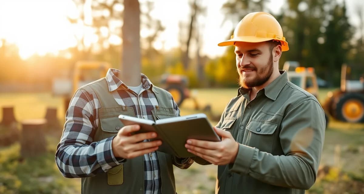 SingleOps quoting features for tree companies Tree service professional using SingleOps quoting software on tablet to create estimate for stump removal job