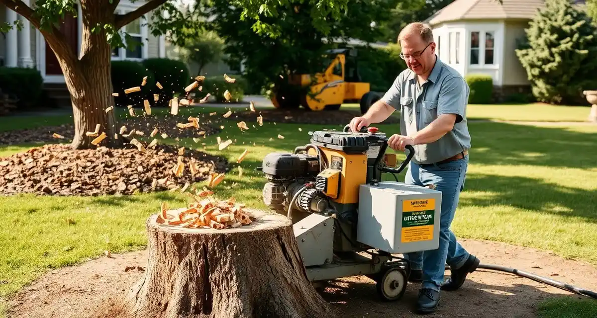 Professional stump grinding equipment in action Arborist operating stump grinder on residential property demonstrating proper stump grinding technique and equipment