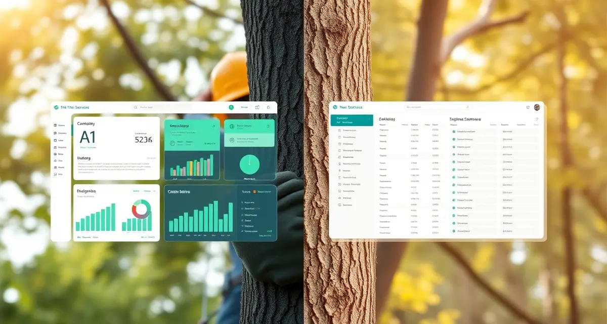 Tree service software comparison visualization Side-by-side comparison of StumpIQ AI-powered software versus Arborgold legacy tree service platform features and interface