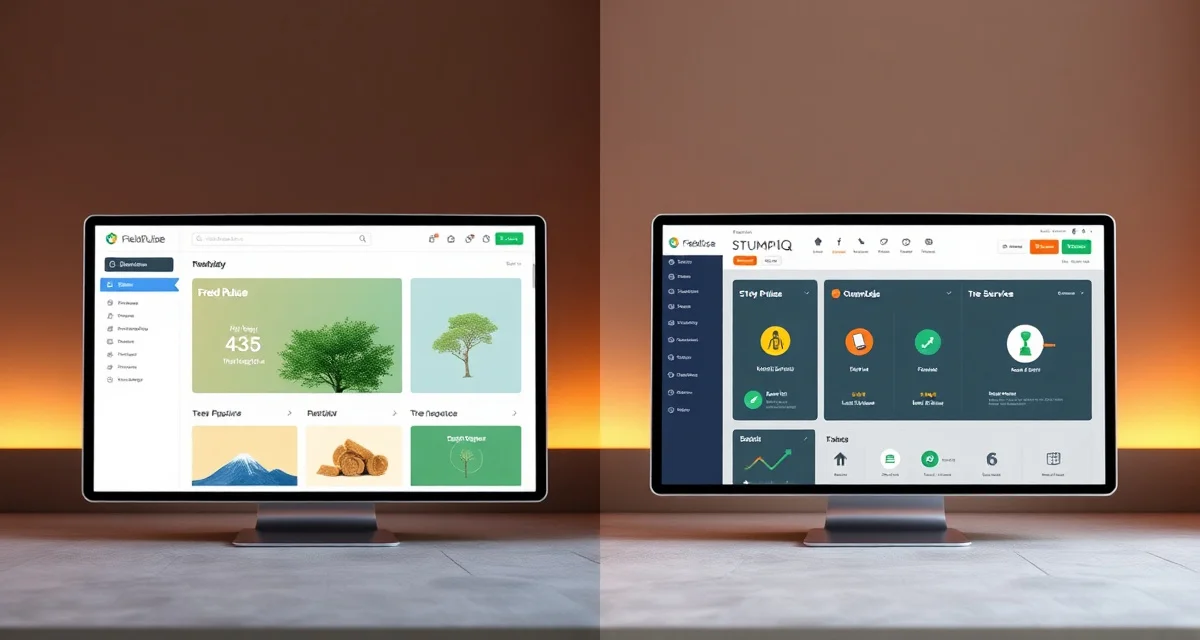 StumpIQ versus FieldPulse platform comparison Side-by-side comparison of StumpIQ and FieldPulse tree service management software interfaces showing features and pricing differences.