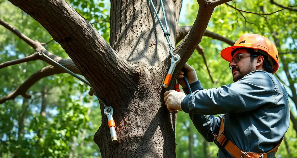Tree structural support installation process Arborist installing tree cabling and bracing system on tree branches using professional structural support hardware
