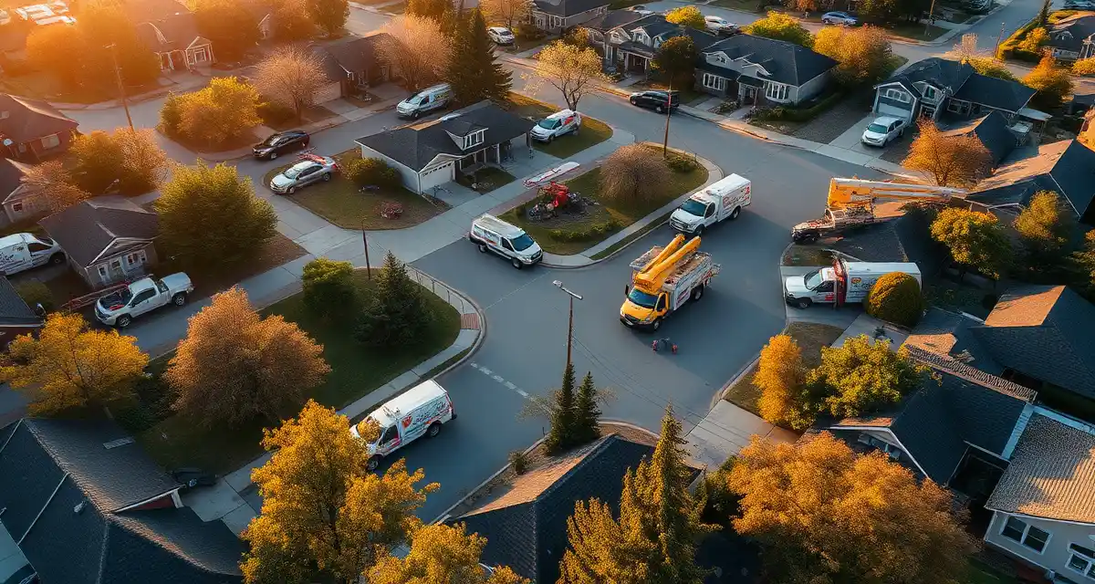 Efficient storm season crew dispatch and routing Tree service crews dispatched strategically across neighborhood during storm season using organized logistics and zone-based routing system