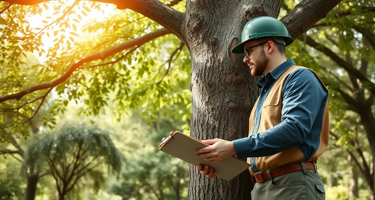 Expert tree health assessment documentation Certified arborist performing systematic tree health assessment by examining bark integrity and crown condition in professional service setting