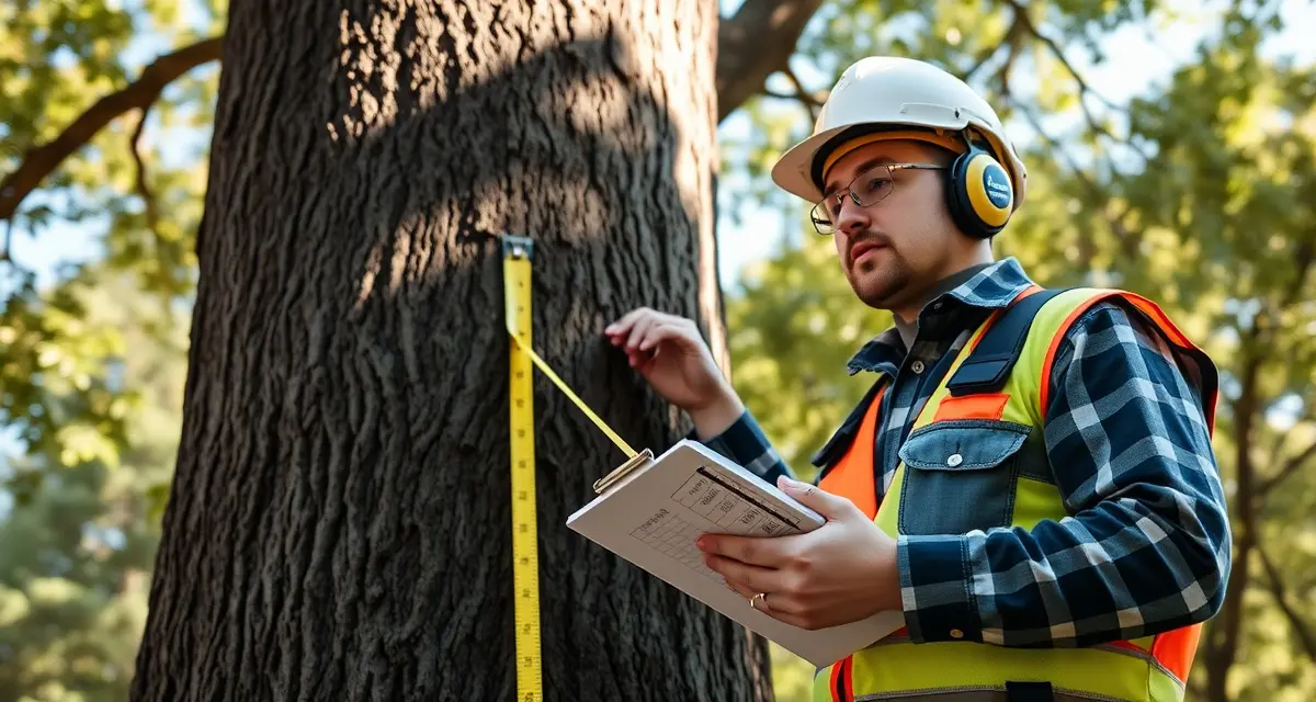 Professional tree removal pricing calculation Arborist calculating tree removal cost using structured pricing framework and measurement tools on job site