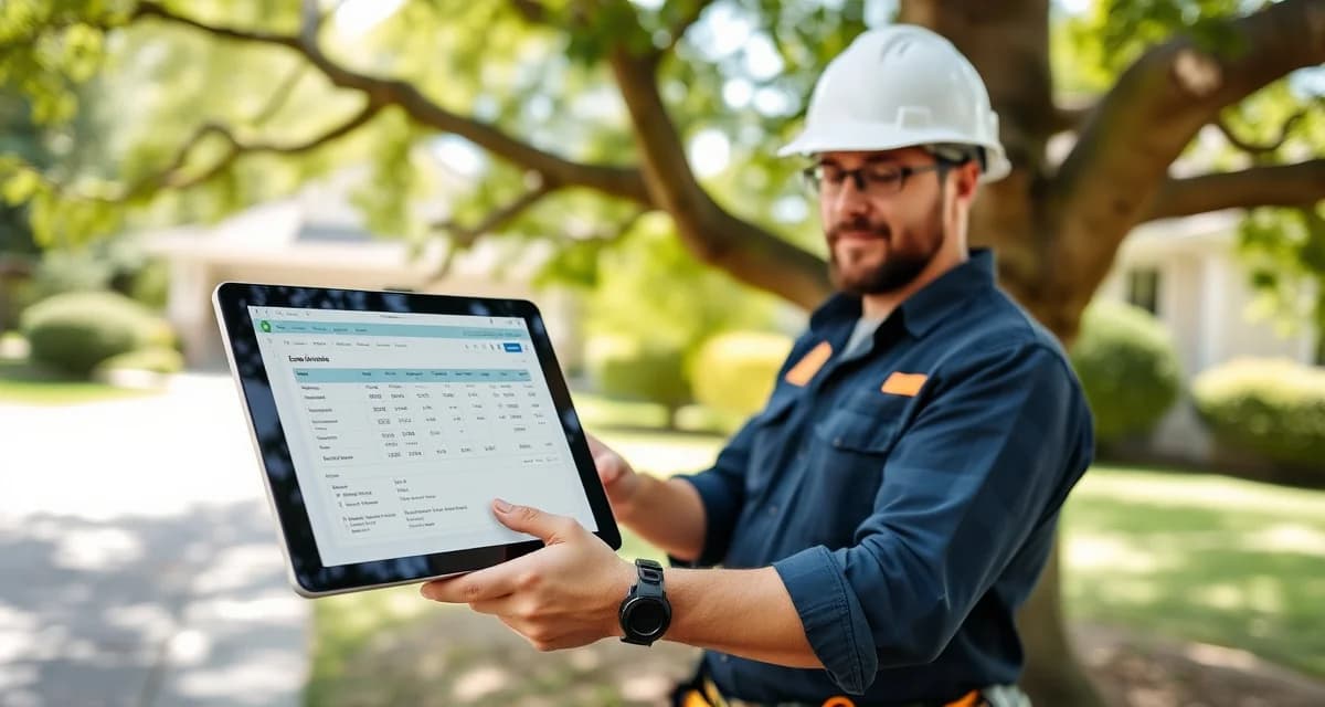 Digital tree service estimate generation Arborist using tree removal estimating software on tablet to generate accurate quote at residential job site