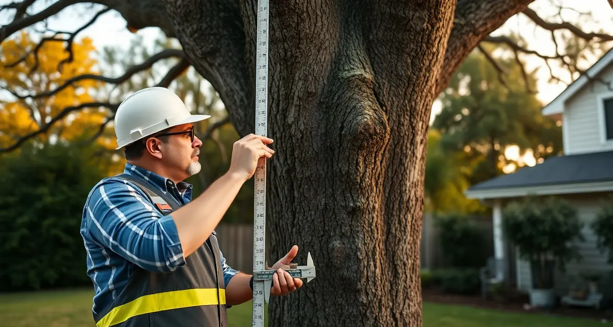 Professional tree measurement for removal pricing Arborist measuring tree diameter and height for accurate tree removal pricing by species and size