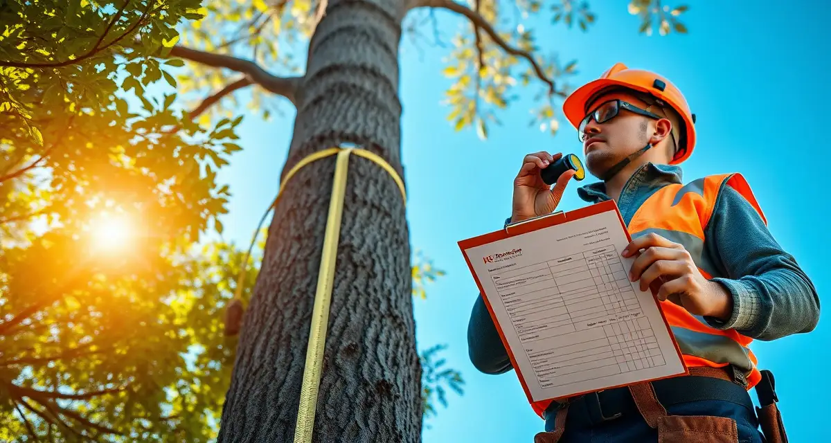 Tree removal job estimation process Professional arborist measuring tree diameter and assessing site conditions for accurate tree removal quoting and estimation