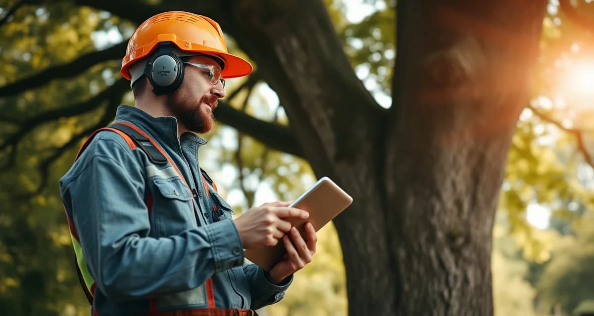 Field-based tree risk assessment workflow Arborist conducting ISA TRAQ tree risk assessment in field using tablet and professional tools