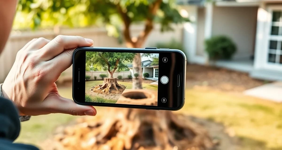 Job photo documentation protecting tree service businesses Professional tree service technician photographing completed stump removal job with timestamp and geotag verification on mobile device