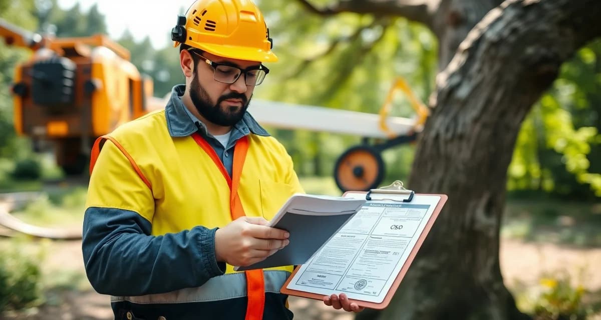 Compliance documentation review for arborist safety standards Arborist reviewing OSHA and ANSI compliance records for tree service operations on digital tablet at work site