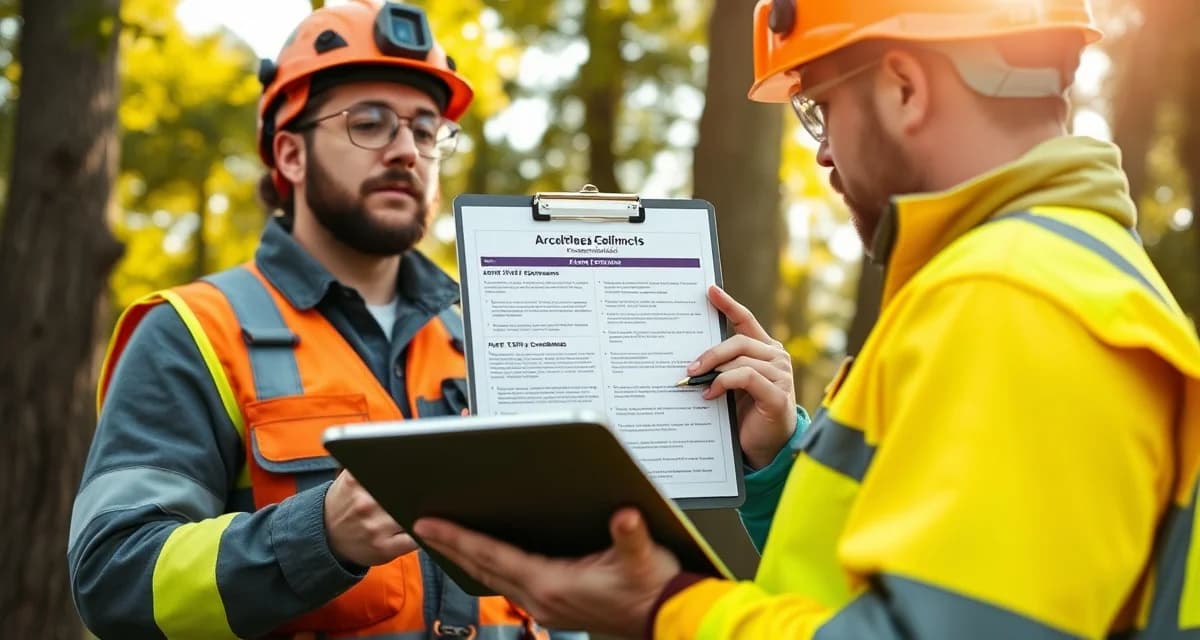 Safety compliance review for tree service operations Tree service worker reviewing ANSI Z133 compliance documentation and safety requirements on tablet during job site inspection.