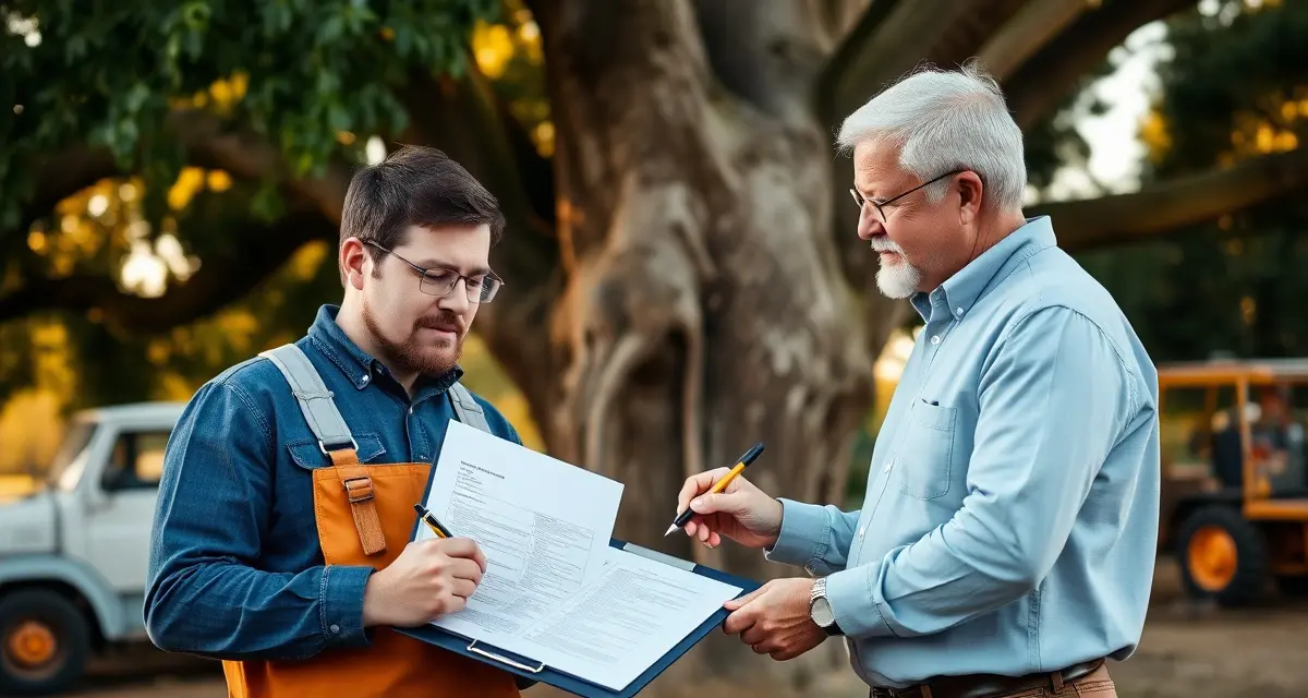 Tree service contract signing process Professional tree service contractor and customer signing a detailed tree service contract with clipboard and pen at job site