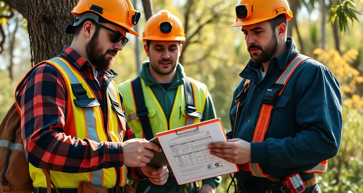 Crew Control Safety Compliance Documentation Tree service crew conducting safety compliance audit with digital documentation tools and OSHA standards review