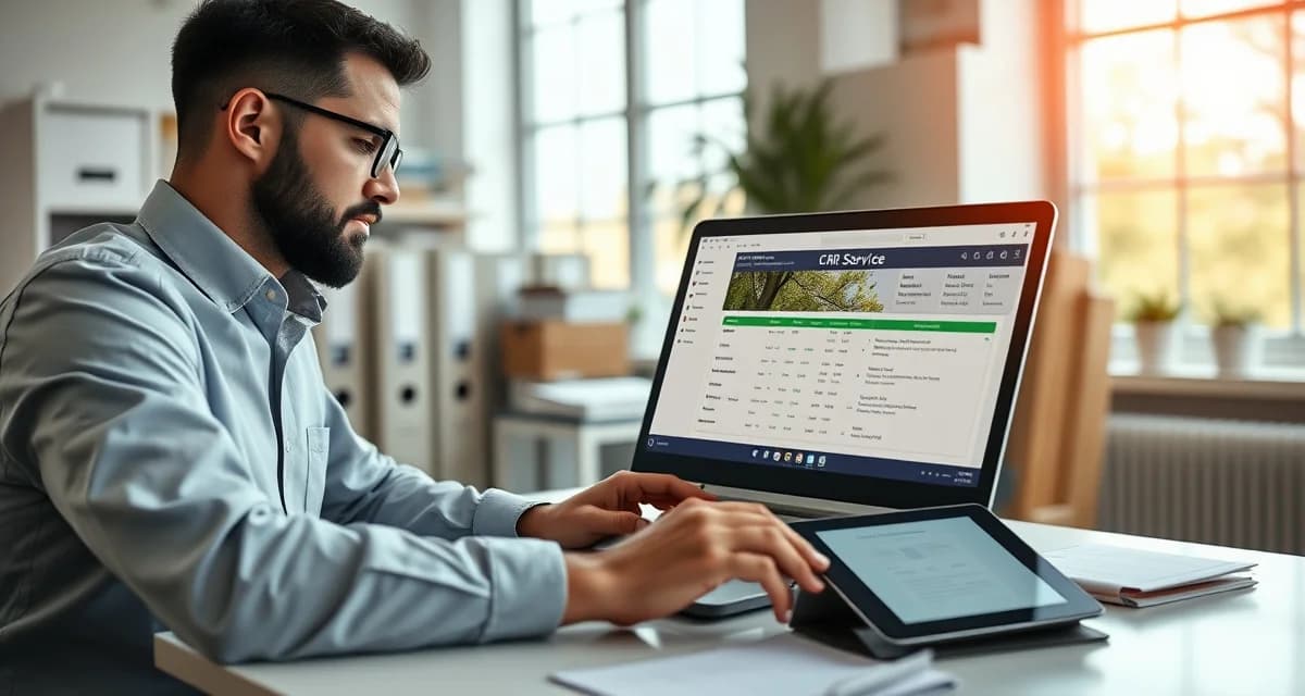 CRM implementation for professional tree service companies Tree service business owner setting up CRM software on laptop to organize customer data and service records