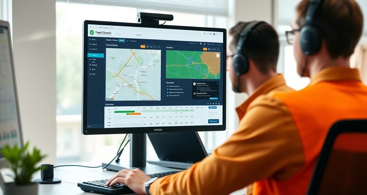 Modern dispatch software streamlines tree service crew coordination Tree service dispatcher using dispatch software on computer to manage crews and schedule jobs efficiently