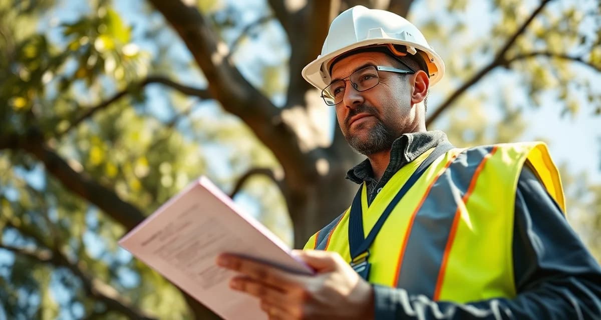 Drug Testing and Safety Compliance for Tree Service Companies Tree service professional reviewing safety compliance checklist before job site work to meet ANSI Z133 standards and workers' compensation requirements.