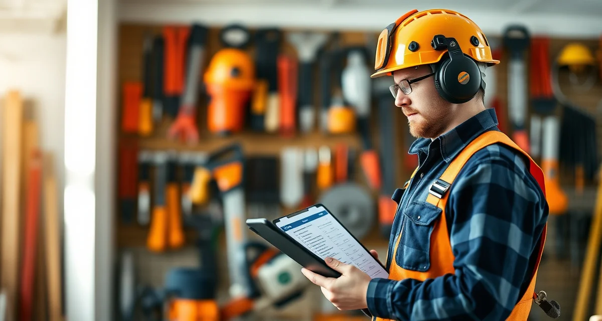 Equipment inspection best practices for tree service businesses Arborist technician performing digital equipment inspection on chainsaw using tablet checklist system for tree service compliance