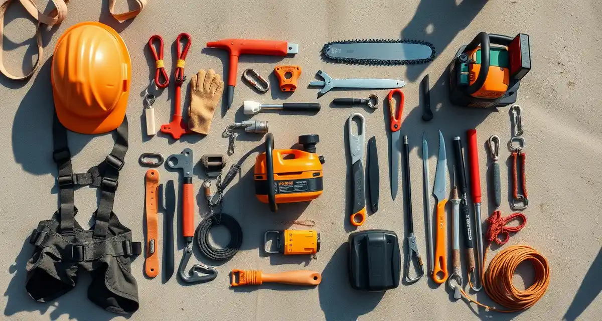 Essential tree service company equipment investment guide Complete tree service equipment setup showing safety gear, cutting tools, climbing systems, and essential startup gear for arborists