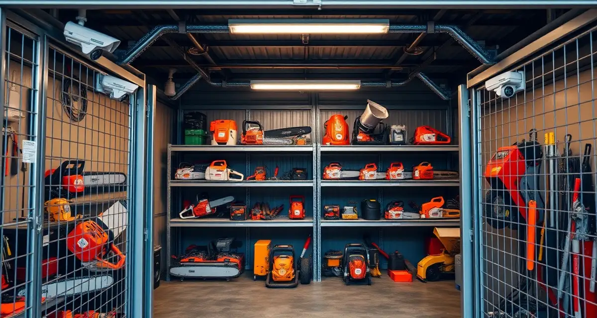 Tree service equipment security and theft prevention storage Secure storage facility with locked tree service equipment including chainsaws and chippers protected by security cameras and GPS tracking systems