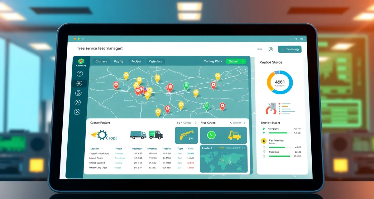 Fleet tracking system interface for tree service operations Tree service fleet management dashboard showing GPS tracking of trucks, chippers, and cranes with real-time location monitoring and equipment status.