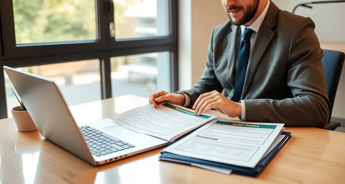 Insurance compliance reduces tree service costs Tree service business owner reviewing insurance coverage and ANSI Z133 safety compliance documents to reduce workers compensation premiums