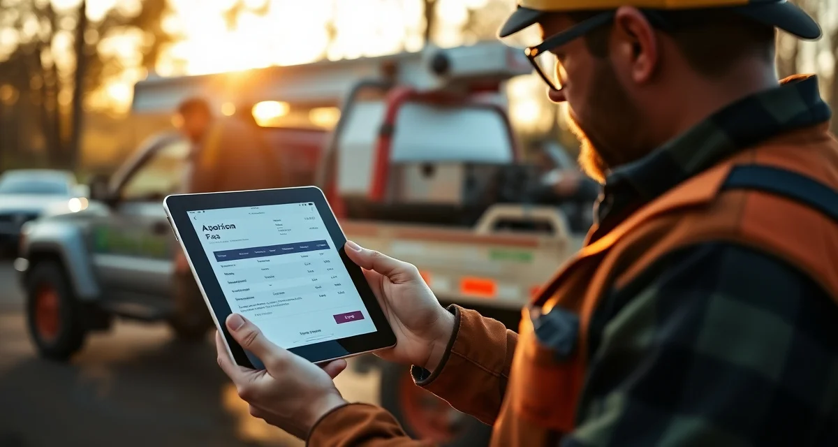 Automated tree service invoicing software increases payment speed Tree service professional using digital invoicing software on tablet to send automated invoice after job completion