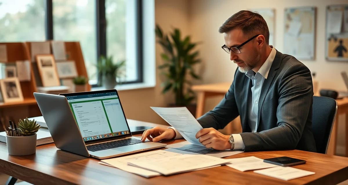 Managing customer payments in tree service business Tree service business owner managing late customer payments and invoices on tablet device at desk