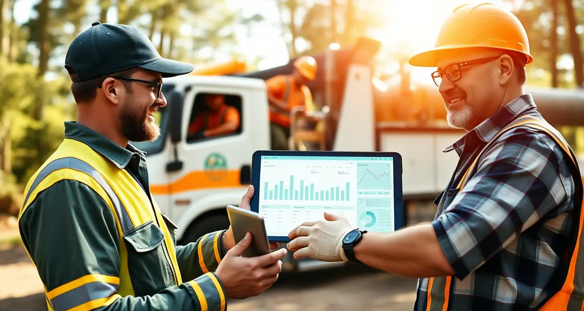 StumpIQ tree service software in action Tree service crew using management software on tablet to coordinate stump removal and job scheduling efficiently