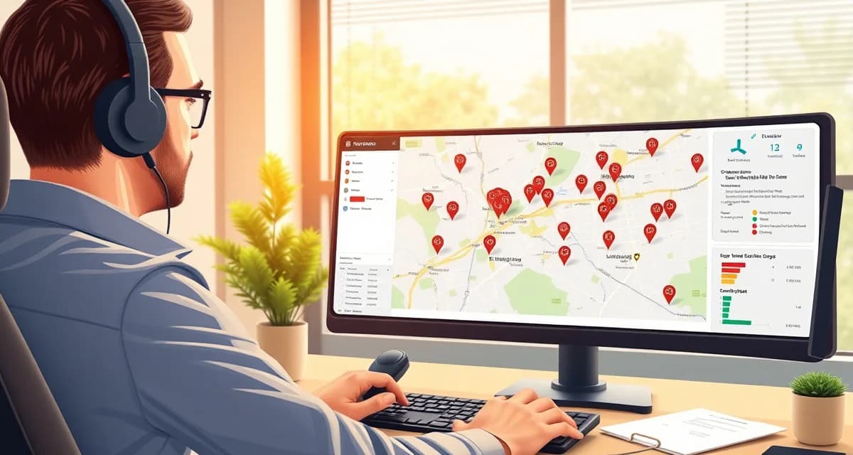 Multi-area tree service dispatch and zone management Tree service dispatch manager organizing multiple service areas and crew assignments on a digital zone-based mapping system