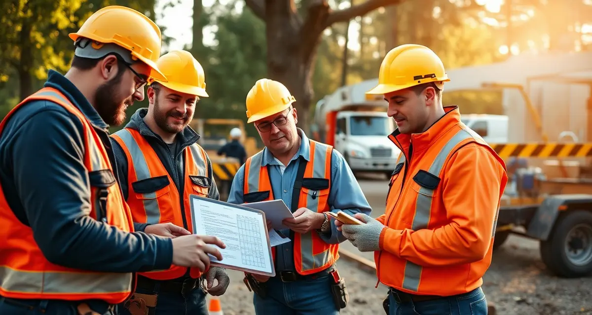 Professional operations management for tree service companies Tree service crew reviewing daily operations checklist on digital tablet at job site with safety equipment visible