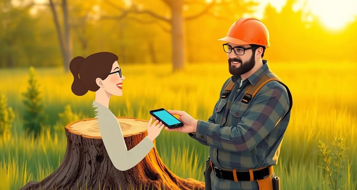 Mobile payment processing for tree service field work Tree service technician processing payment on mobile device in field with customer and tree stump visible