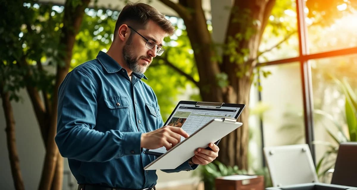 Professional tree service proposal with photo documentation Tree service professional reviewing proposal template with photo documentation and species identification on tablet device