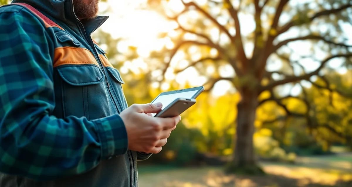 Mobile quoting software for tree service professionals Tree service crew lead using quoting software on tablet at job site to generate accurate estimates for stump removal and tree work.