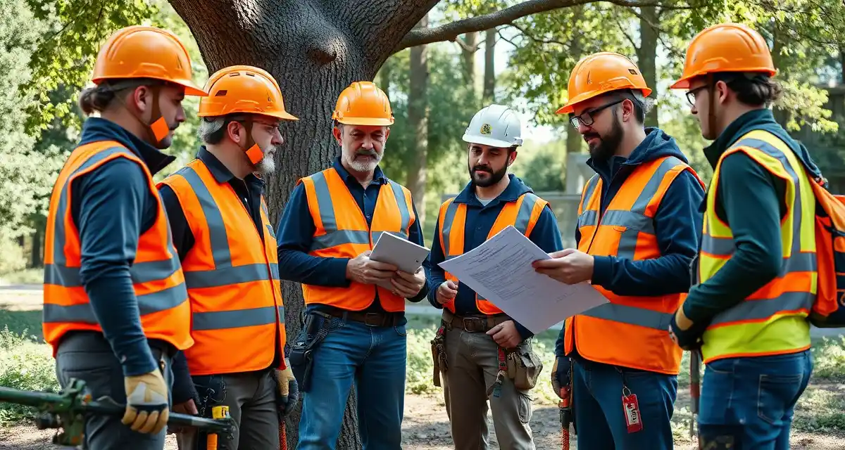 OSHA and ANSI Z133 safety compliance procedures Tree service workers performing pre-job safety assessment with equipment inspection and OSHA compliance documentation