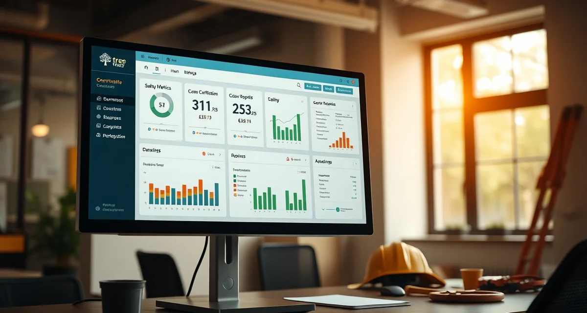 Safety management dashboard for tree service companies Tree service safety dashboard software interface displaying real-time crew certifications, incident tracking, and safety metrics on a computer monitor.