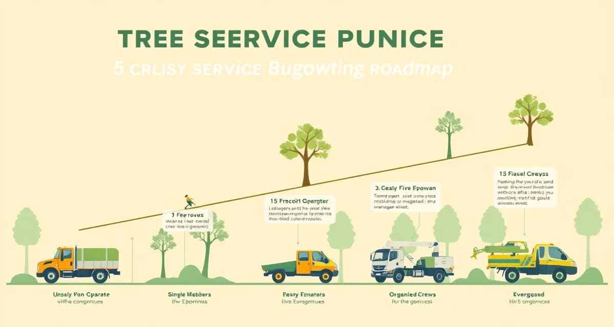 Tree service business growth stages from 1 to 5 crews Visual roadmap showing how to scale a tree service company from 1 crew to 5 crews with operations systems at each growth stage.