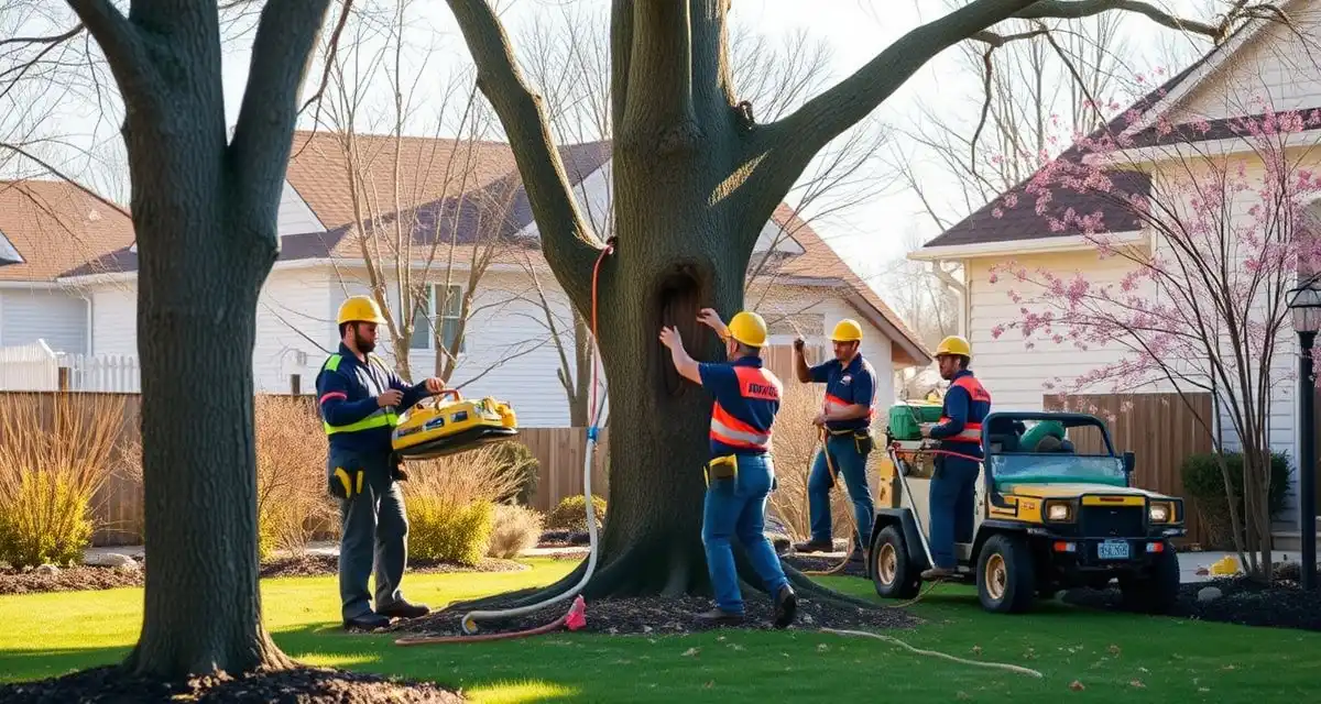 Peak Season Tree Service Operations Tree service crew performing stump removal and tree work during peak spring season months when demand is highest for arborists