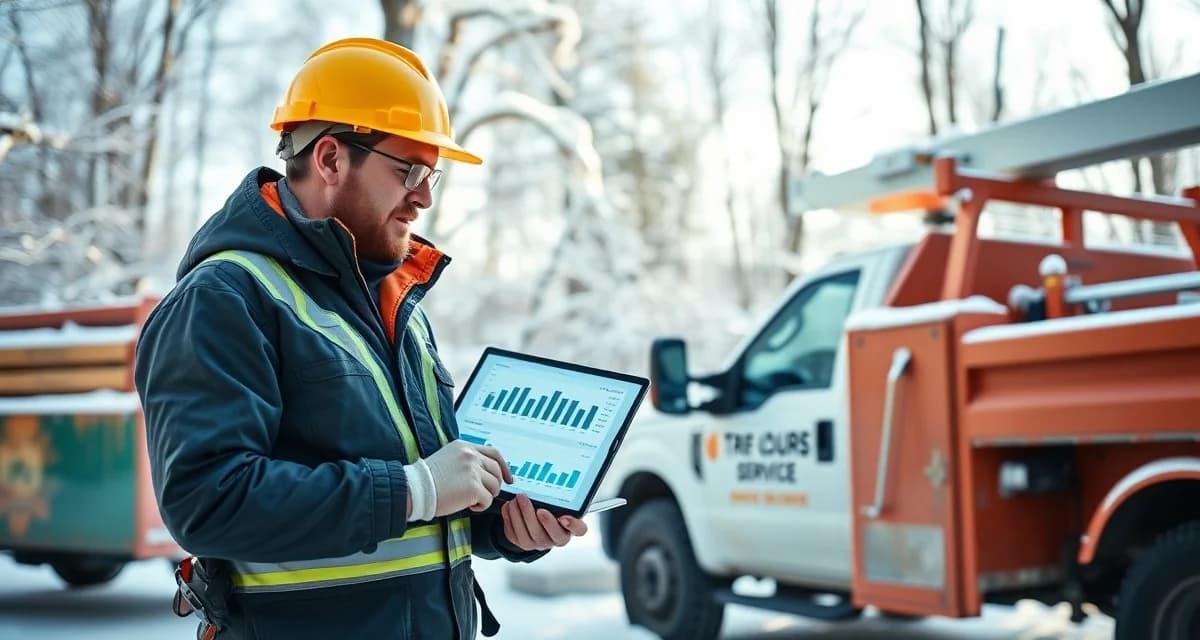 Off-season revenue planning for tree service companies Tree service business owner analyzing slow season revenue opportunities with quarterly performance data and marketing strategy planning.
