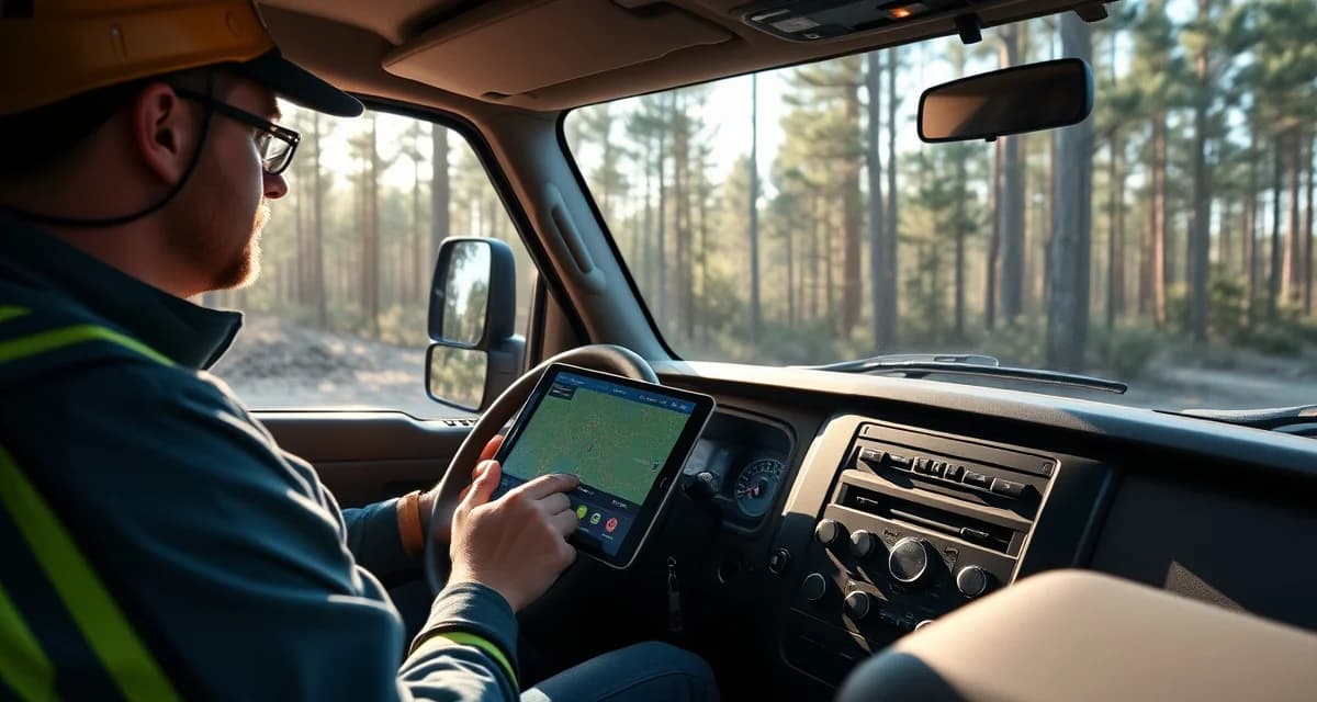 Tree service management software in action Arborist using StumpIQ tree service software on tablet with GPS dispatch map for Alabama job scheduling