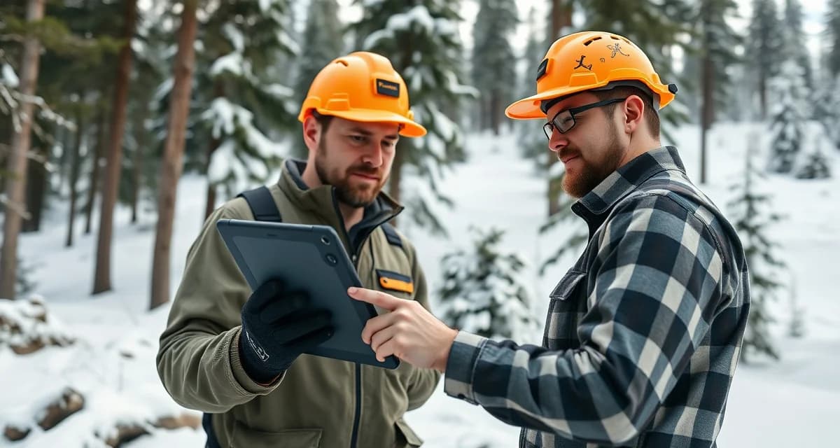 Alaska tree service software GPS dispatch technology Arborist using tree service dispatch software with GPS mapping in Alaska forest setting with snow-covered landscape