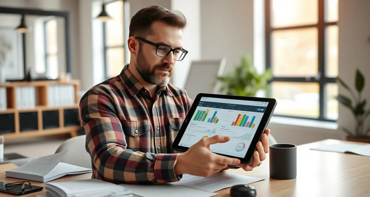 Growing tree care company evaluating management software Tree service business owner analyzing software solution for job management and operational efficiency on tablet