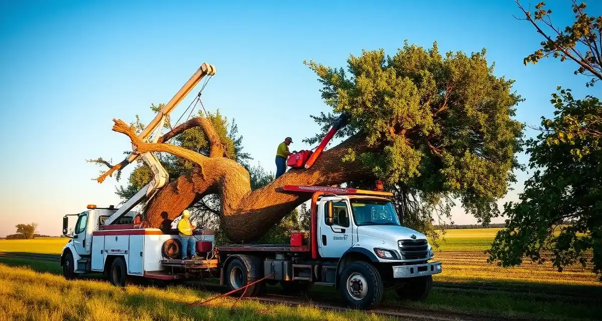 Tree removal operation in Iowa farmland Iowa tree service crew removing trees from agricultural shelter belt using professional equipment and safety protocols