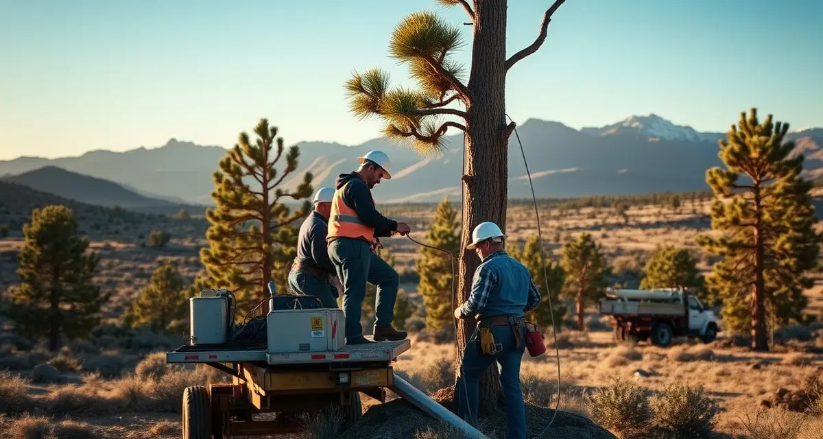 Tree service operations in New Mexico's challenging high-altitude environment Professional tree service crew operating equipment in high-altitude New Mexico terrain with desert landscape and mountain foothills