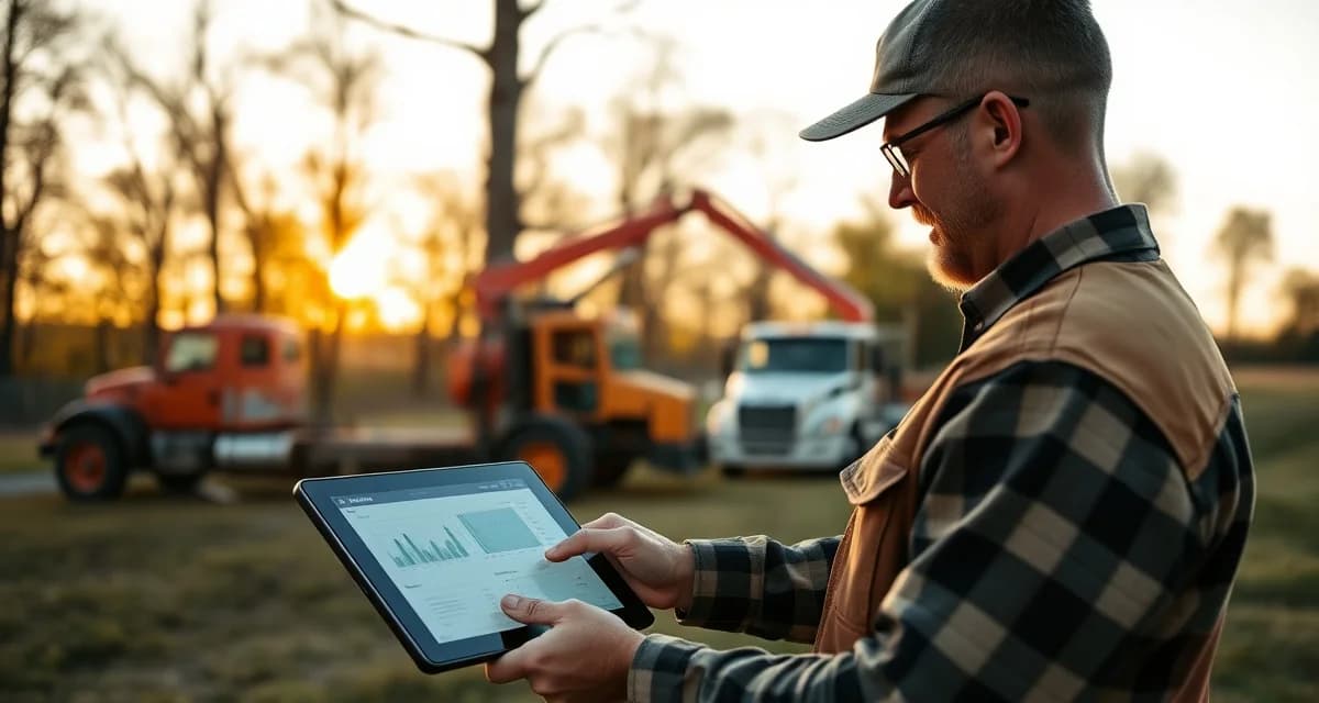 Ohio tree service management software in action Arborist using tree service software on tablet to manage stump removal jobs and crew scheduling in Ohio
