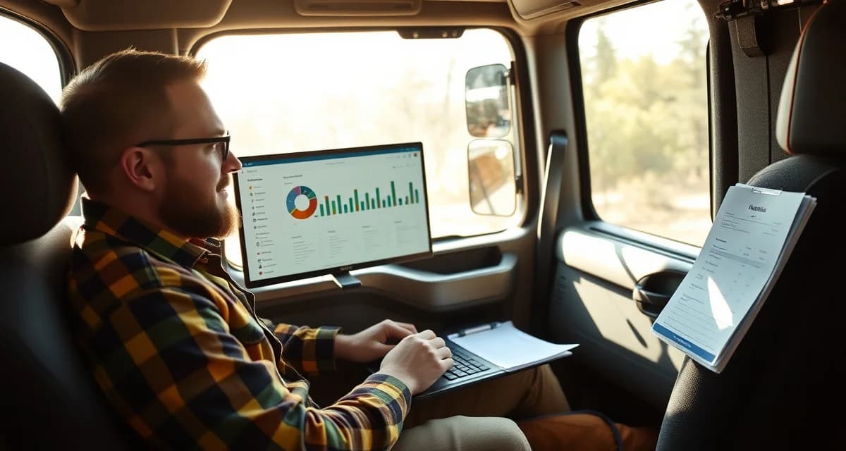 Sole proprietor using tree service management software Tree service sole proprietor managing business software on laptop with organized workspace and digital tools for efficient operations