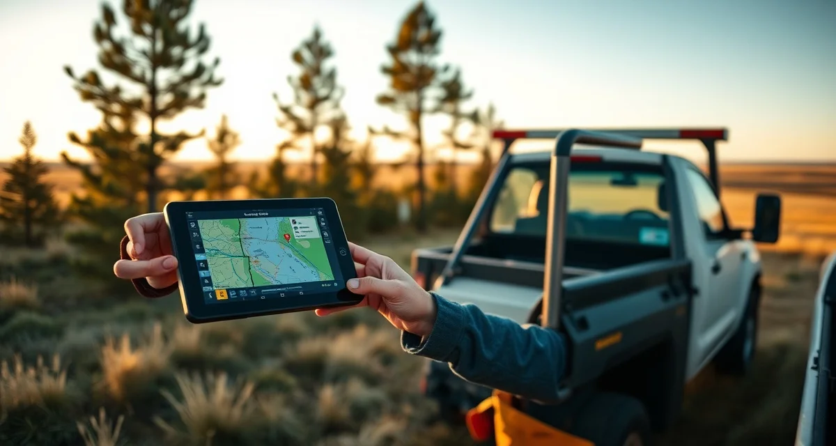 AI-powered dispatch software for South Dakota tree service companies Tree service professional using StumpIQ software on tablet with GPS dispatch and quoting tools for South Dakota operations